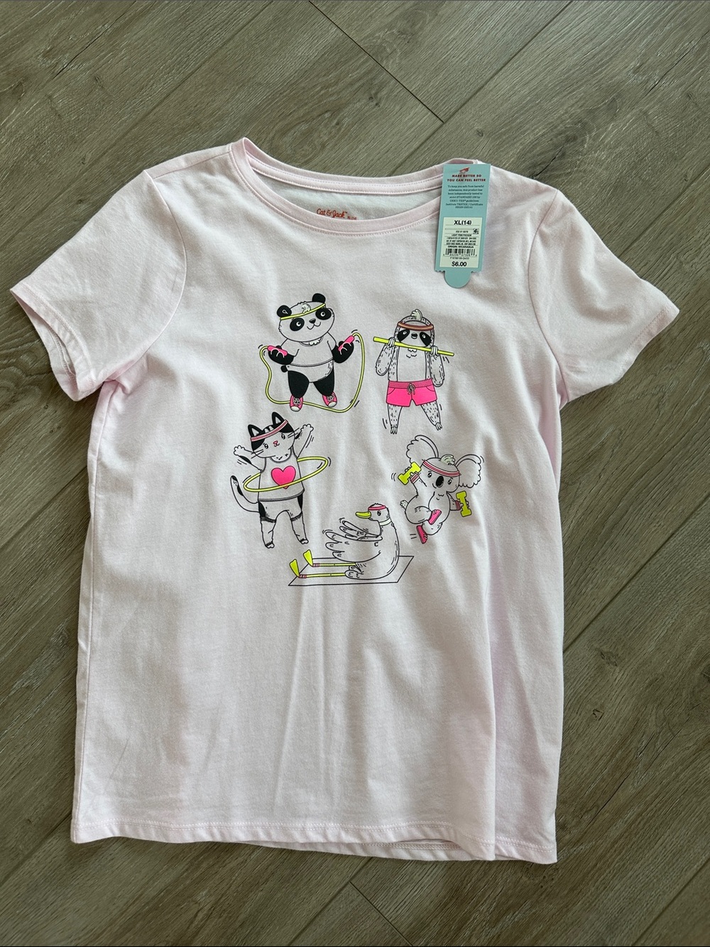 Cat & Jack Light Pink Short Sleeve Tee with Workout Animal Graphic